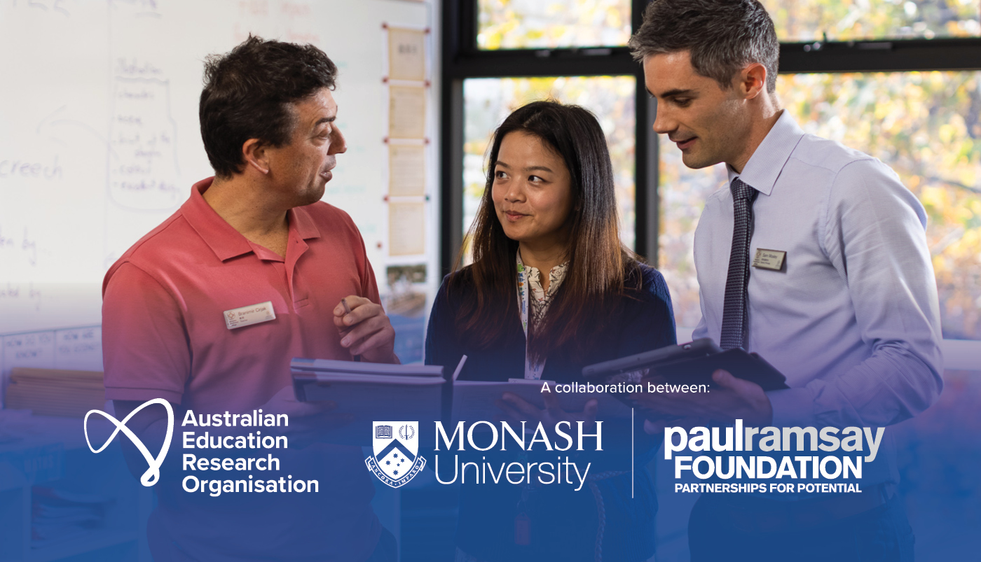 Two male and one female educator having a conversation overlaid with the AERO logo, Monash University Logo and Paul Ramsey Foundation logo.
