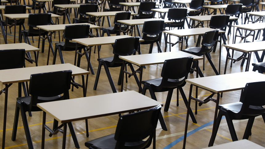 Masses of exam tables set up ready for test