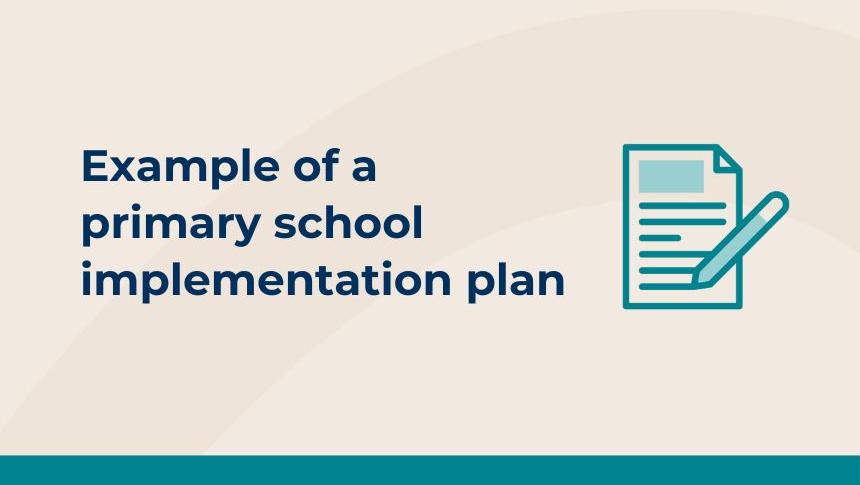Title page reading 'Example of a primary school implementation plan' with icon of a paper being written
