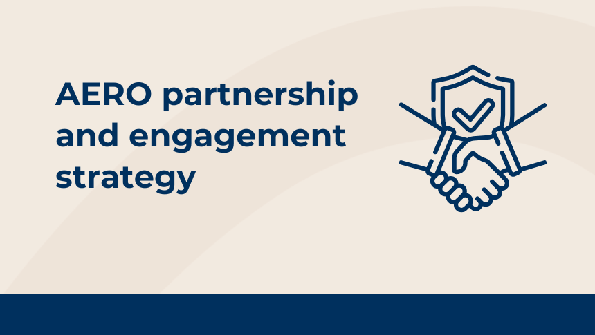 Icon of shaking hands with the heading 'AERO partnership and engagement strategy'