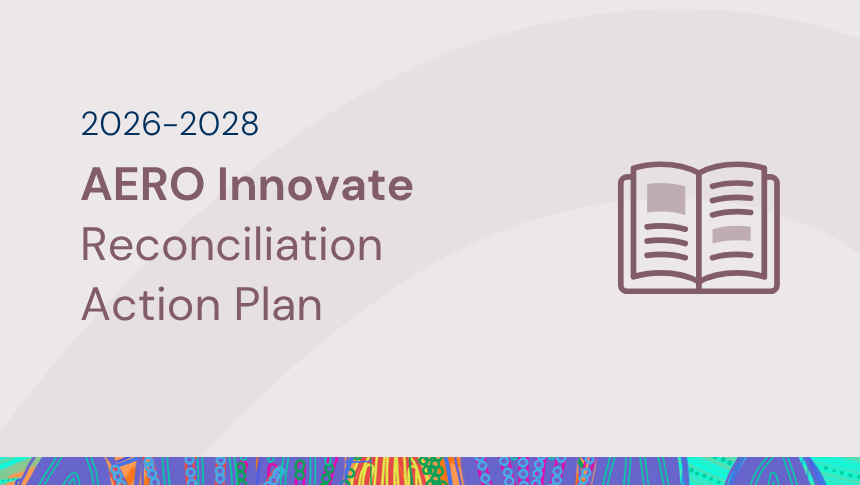 Thumbnail with title '2026-2028 AERO Innovate Reconciliation Action Plan' with an icon of an open book, and artwork details