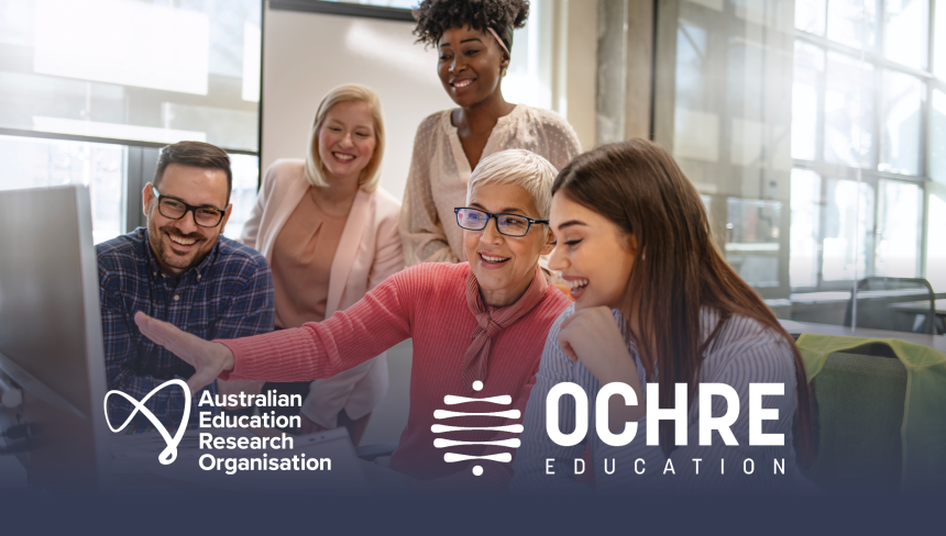 A group of 5 adults sitting and standing in front of a computer screen in discussion. Over the image are two logos: The Australian Education Research Organisation and Ochre Education 