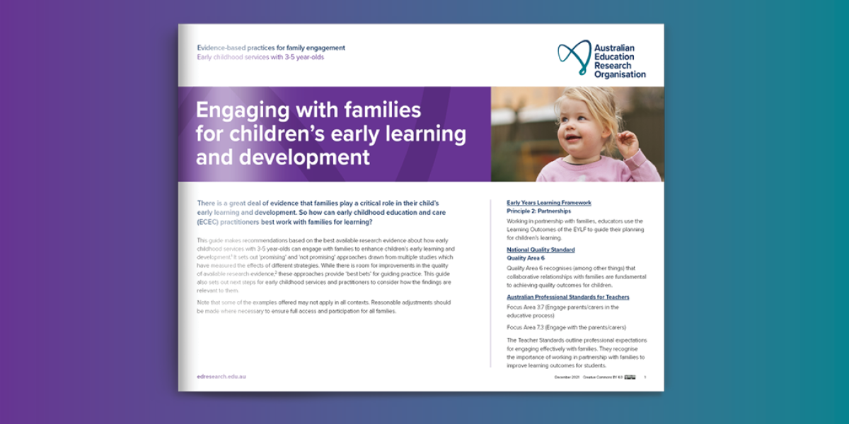 A4 landscape booklet cover and page spread for the AERO family engagement in early childhood education and care practice guide