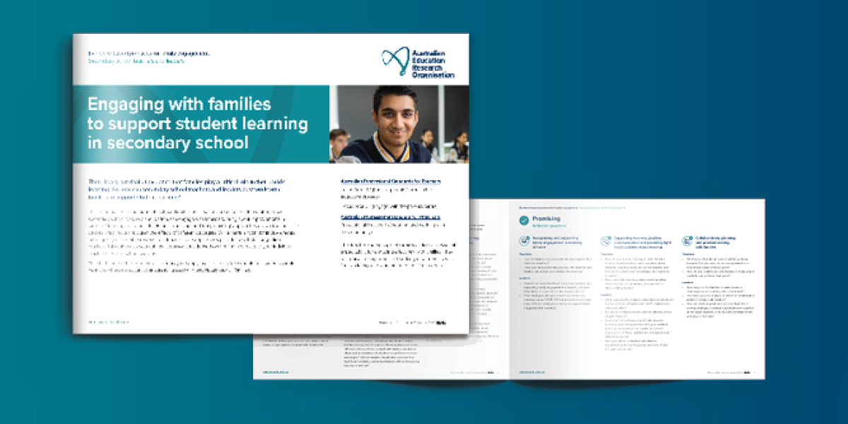 A4 landscape booklet cover and page spread for the AERO family engagement in secondary school practice guide